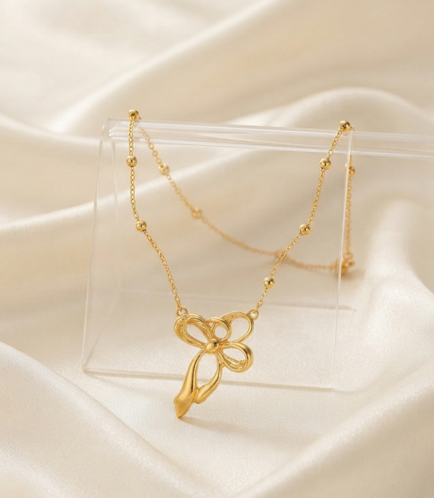 Golden Bow Necklace- Dots