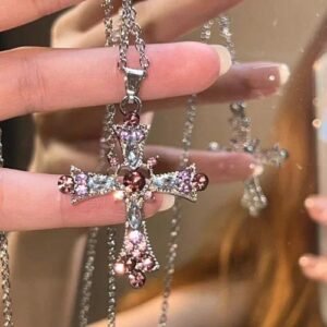 Electroplated Alloy Cross Pendant with Rhinestones, Gothic Style Chain for Women