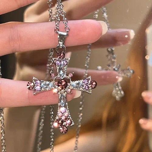 Electroplated Alloy Cross Pendant with Rhinestones, Gothic Style Chain for Women