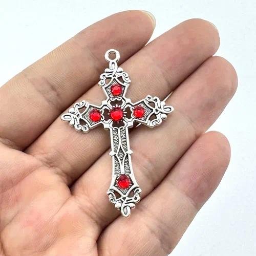 Electroplated Alloy Cross Pendant with Gem Inlay in Red, Gothic Jewelry Accessory
