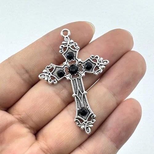 Electroplated Alloy Cross Pendant with Gem Inlay in Red, Gothic Jewelry Accessory