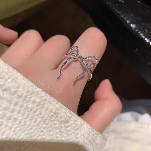 Charming Bowknot Ring Open Style Silver Unique Design Women's Ring Glass Stone Inlaid Ring