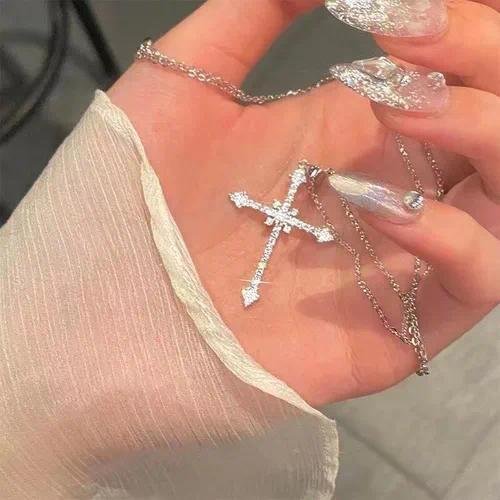Electroplated Alloy Cross Pendant with Rhinestones, Gothic Style Chain for Women