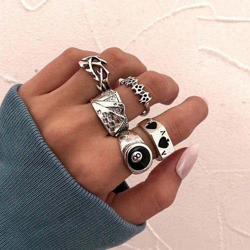Creative Personality Poker Card Rings Set Of 5 Vintage Black Aces Paper Clip Zinc Alloy Geometric Pattern Women's Jewelry