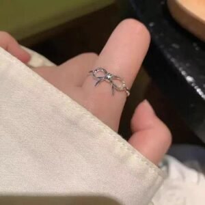 Charming Bowknot Ring Open Style Silver Unique Design Women's Ring Glass Stone Inlaid Ring