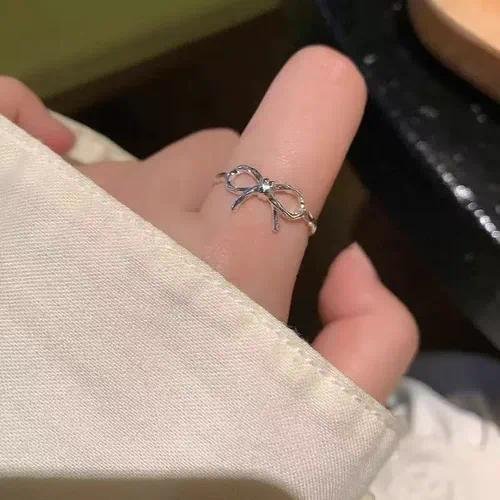 Charming Bowknot Ring Open Style Silver Unique Design Women's Ring Glass Stone Inlaid Ring