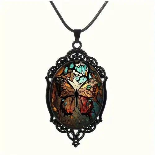 Retro Oval Glass Alloy Pendant Necklace Geometric Pattern Unisex  Style Jewelry Accessory For Men And Women