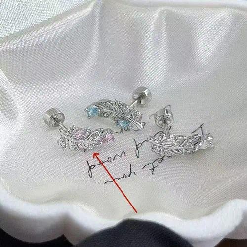 Sweet Feather Stud Earrings for Women with Alloy Base and Titanium Steel Ear Pins Featuring Rhinestone Inlay