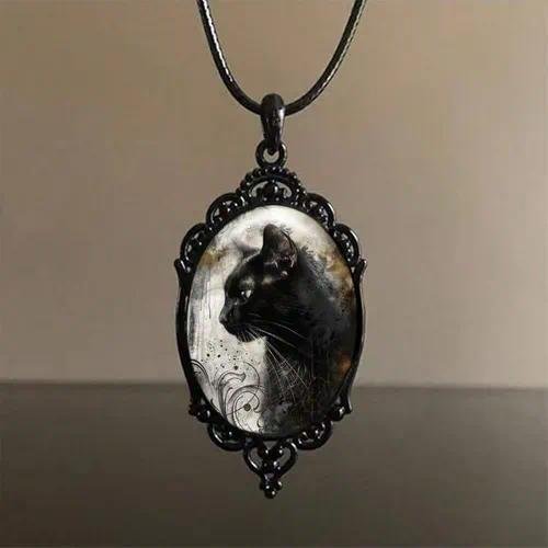 Retro Oval Glass Alloy Pendant Necklace Geometric Pattern Unisex  Style Jewelry Accessory For Men And Women