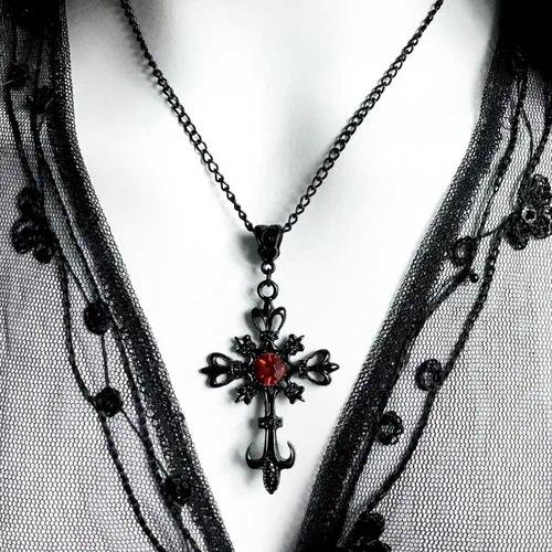 Gothic Dark Style Black Cross Necklace with Red Ruby Alloy Pendant Fashion Geometric Pattern Women's Jewelry Accessories