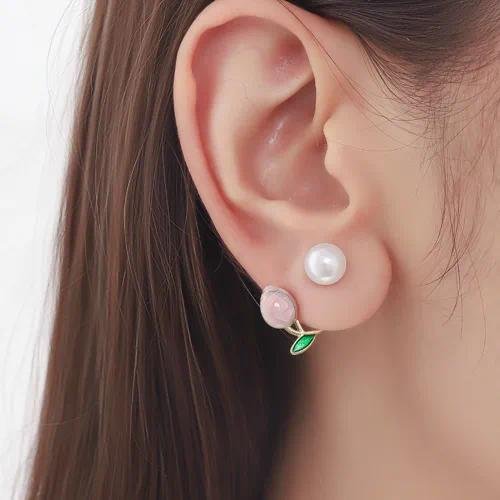 Sweet Flowers Stud Earrings for Women Featuring Enamel Design with Alloy Ear Pins and Artificial Pearl Inlay