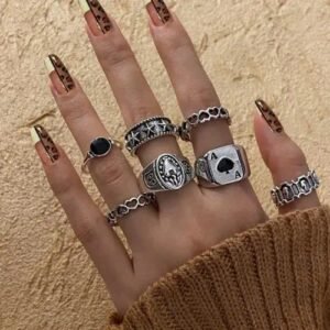 Creative Personality Poker Card Rings Set Of 5 Vintage Black Aces Paper Clip Zinc Alloy Geometric Pattern Women's Jewelry