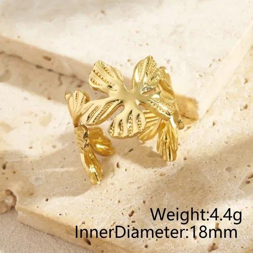Polished Leaves Ring for Women in 304 Stainless Steel with Golden Plated Water Plating and 0.03?m Thickness