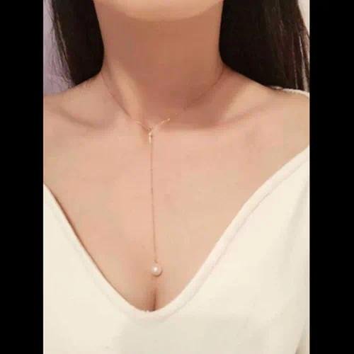 Gold Pearl Y-Necklace Lariat Necklace for Women with Mother-of-pearl Shell Inlay and Slider Chain in Zinc Alloy