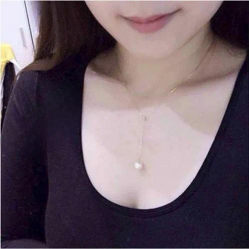 Gold Pearl Y-Necklace Lariat Necklace for Women with Mother-of-pearl Shell Inlay and Slider Chain in Zinc Alloy