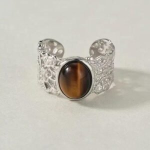 For Women Silver Wide Band Eye Ring in Antique Silver Plated Metal with Artificial Gemstones, Electroplated Finish