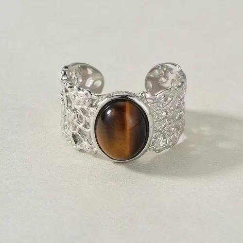 For Women Silver Wide Band Eye Ring in Antique Silver Plated Metal with Artificial Gemstones, Electroplated Finish