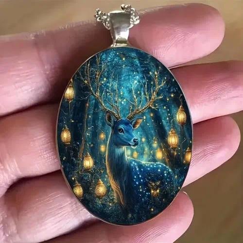 Retro Oval Glass Alloy Pendant Necklace Geometric Pattern Unisex  Style Jewelry Accessory For Men And Women