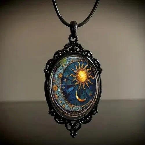 Retro Oval Glass Alloy Pendant Necklace Geometric Pattern Unisex  Style Jewelry Accessory For Men And Women