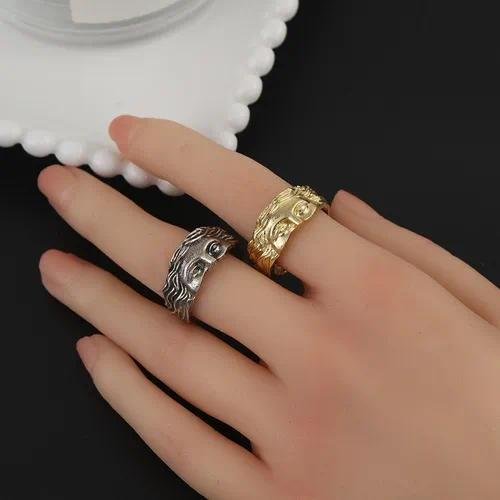 Fashionable Semi-Face Open Ring Simple Personality Creative Alloy Geometric Pattern Unisex Ring Unique Style Handmade Craft