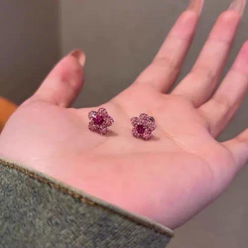 Sweet Flowers Stud Earrings for Women with 304 Stainless Steel Posts and Rhinestone Inlay, Electroplated Gold Finish