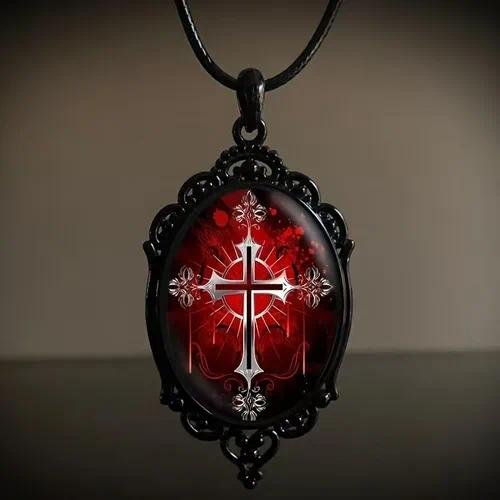 Retro Oval Glass Alloy Pendant Necklace Geometric Pattern Unisex  Style Jewelry Accessory For Men And Women