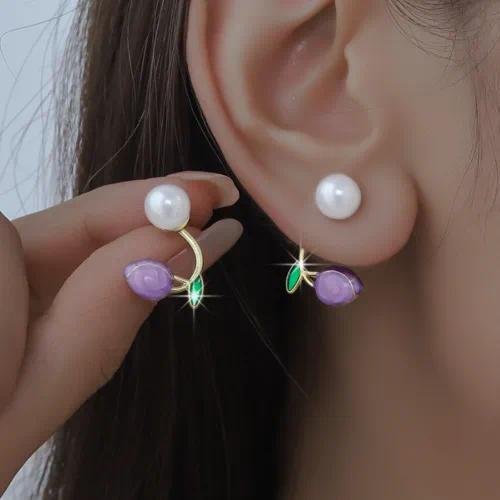 Sweet Flowers Stud Earrings for Women Featuring Enamel Design with Alloy Ear Pins and Artificial Pearl Inlay