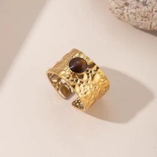 Round Open Ring for Women with Inlay Artificial Gemstones, 304 Stainless Steel, PVD Coated and 18K Real Gold Plated