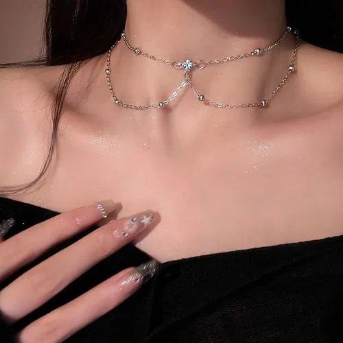 Fashionable Diamond Embedded Round Bead Chain Body Necklace  Trendy Tassel Pendant Geometric Pattern Alloy Copper Jewelry For Women