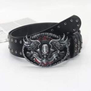 Punk Skull Belt with Alloy Snap Buckle, Made of Dyed Black PU Leather for a Bold Statement