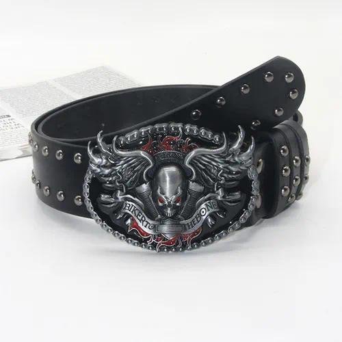 Punk Skull Belt with Alloy Snap Buckle, Made of Dyed Black PU Leather for a Bold Statement