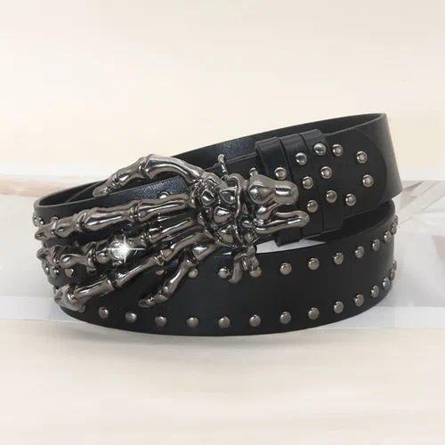Punk Skull Belt with Alloy Snap Buckle, Made of Dyed Black PU Leather for a Bold Statement