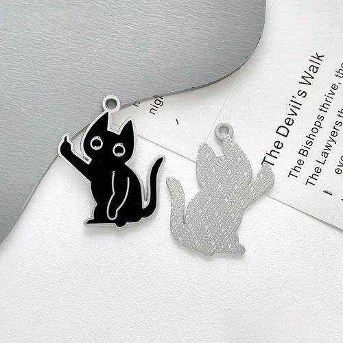 Cat Alloy Pendant with Enamel Craftsmanship in Dyed Black Featuring Cartoon Style Design