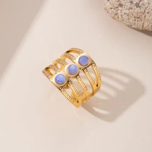 Round Open Ring for Women with Inlay Artificial Gemstones, 304 Stainless Steel, PVD Coated and 18K Real Gold Plated