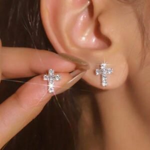 Cross Stud Earrings for Women with Electroplated Silver Plated Finish, Rhinestones Inlay and Claw Setting on Copper