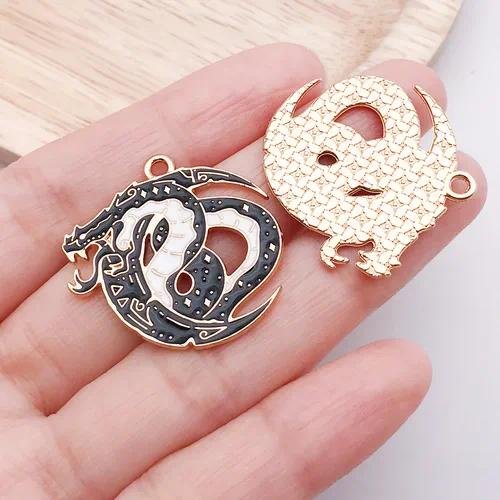 10 PCS Alloy Dragon Pendants with Enamel Craft, Dyed Black Gothic Jewelry Accessories