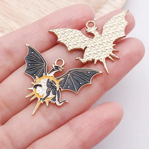 10 PCS Alloy Dragon Pendants with Enamel Craft, Dyed Black Gothic Jewelry Accessories