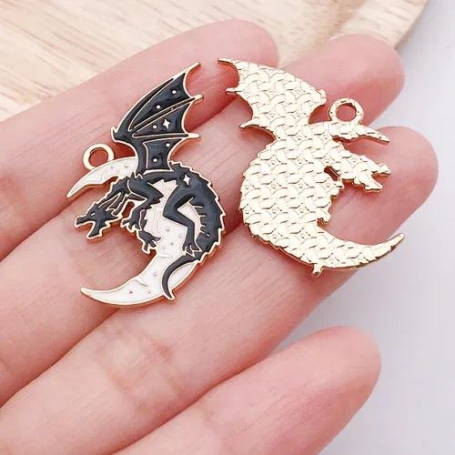 10 PCS Alloy Dragon Pendants with Enamel Craft, Dyed Black Gothic Jewelry Accessories