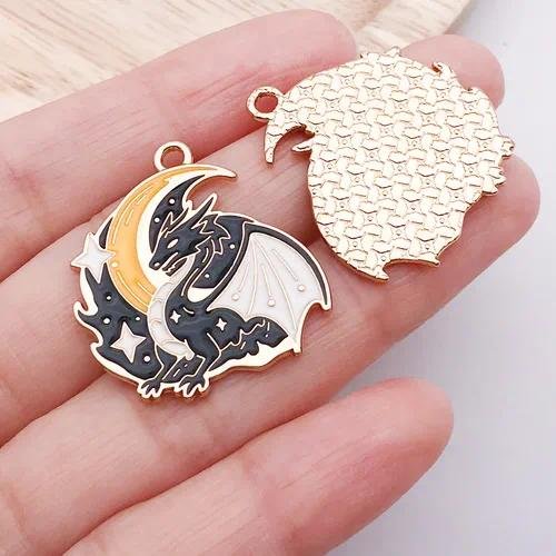 10 PCS Alloy Dragon Pendants with Enamel Craft, Dyed Black Gothic Jewelry Accessories