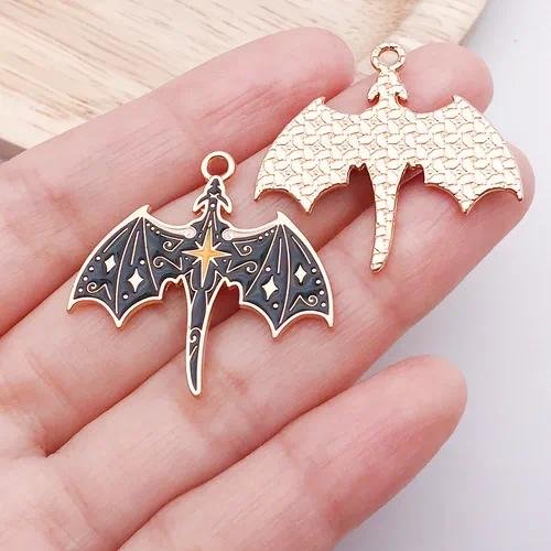 10 PCS Alloy Dragon Pendants with Enamel Craft, Dyed Black Gothic Jewelry Accessories