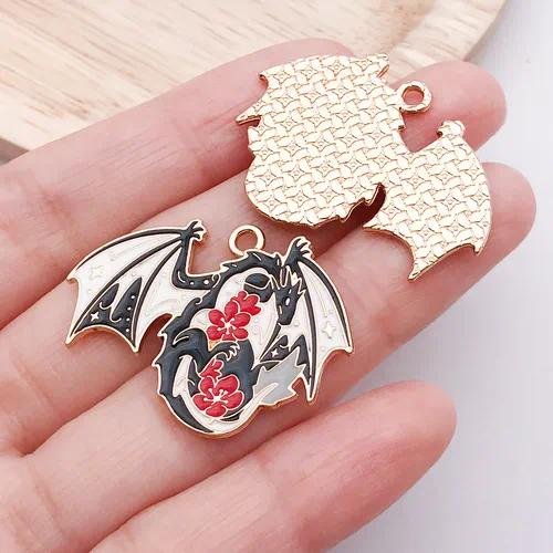 10 PCS Alloy Dragon Pendants with Enamel Craft, Dyed Black Gothic Jewelry Accessories