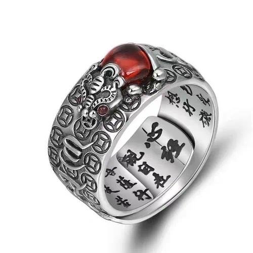 Retro Thai Silver Lucky Transfer Pixiu Ring Men's and Women's Gold Pomegranate Stone Tide Six Words Mentality Opening Old Ring