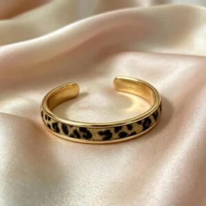 Leopard Print Enamel Bangle for Women in 304 Stainless Steel with Electroplated 18K Real Gold Plating