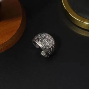 Vintage European Silver Cross Ring Adjustable Open Design Men's Ring Punk Style Flower Silver Ring Letter/Number/Text Pattern