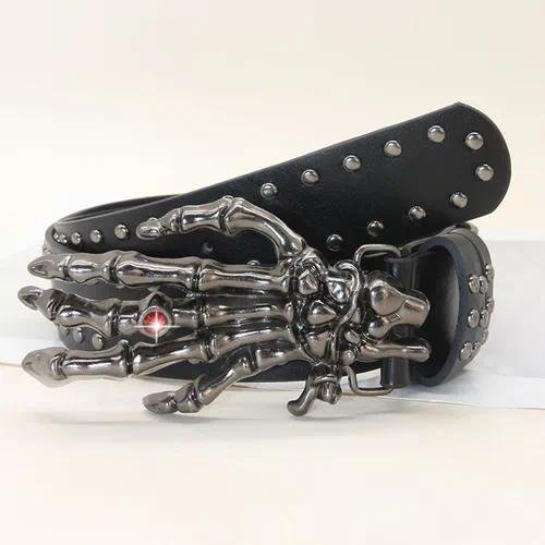 Punk Skull Belt with Alloy Snap Buckle, Made of Dyed Black PU Leather for a Bold Statement