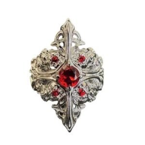 Gothic Silver Cross Open Ring for Unisex, Electroplated Alloy with July Birthstone Ruby Inlay
