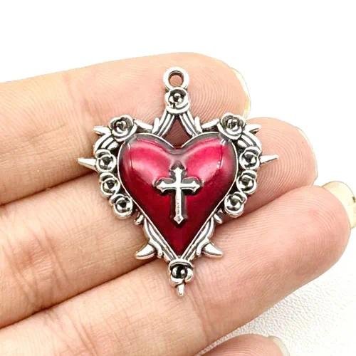 Dark Style Personalized Rose And Thorns Cross Heart Shaped Pendant DIY Jewelry Accessories Alloy Totem Pattern Electroplated Drip Oil