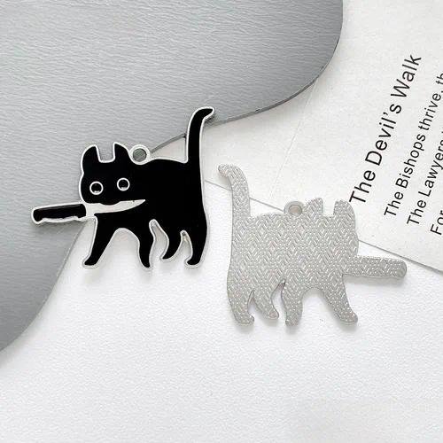 Cat Alloy Pendant with Enamel Craftsmanship in Dyed Black Featuring Cartoon Style Design