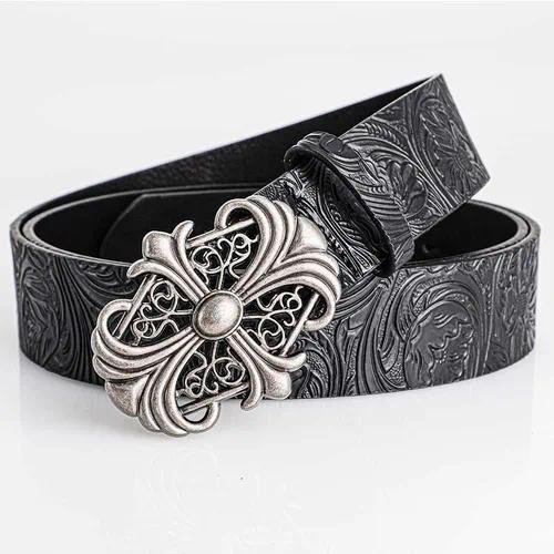 Unisex Punk Style PU Leather Cross Belt with Embossed Zinc Alloy Buckle Featuring Embossing Surface Finish