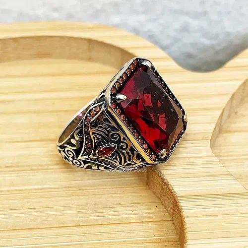 Fashionable Square Alloy Ring With Embedded Red Stone Popular In  For Men Hip Hop Personality Ring
